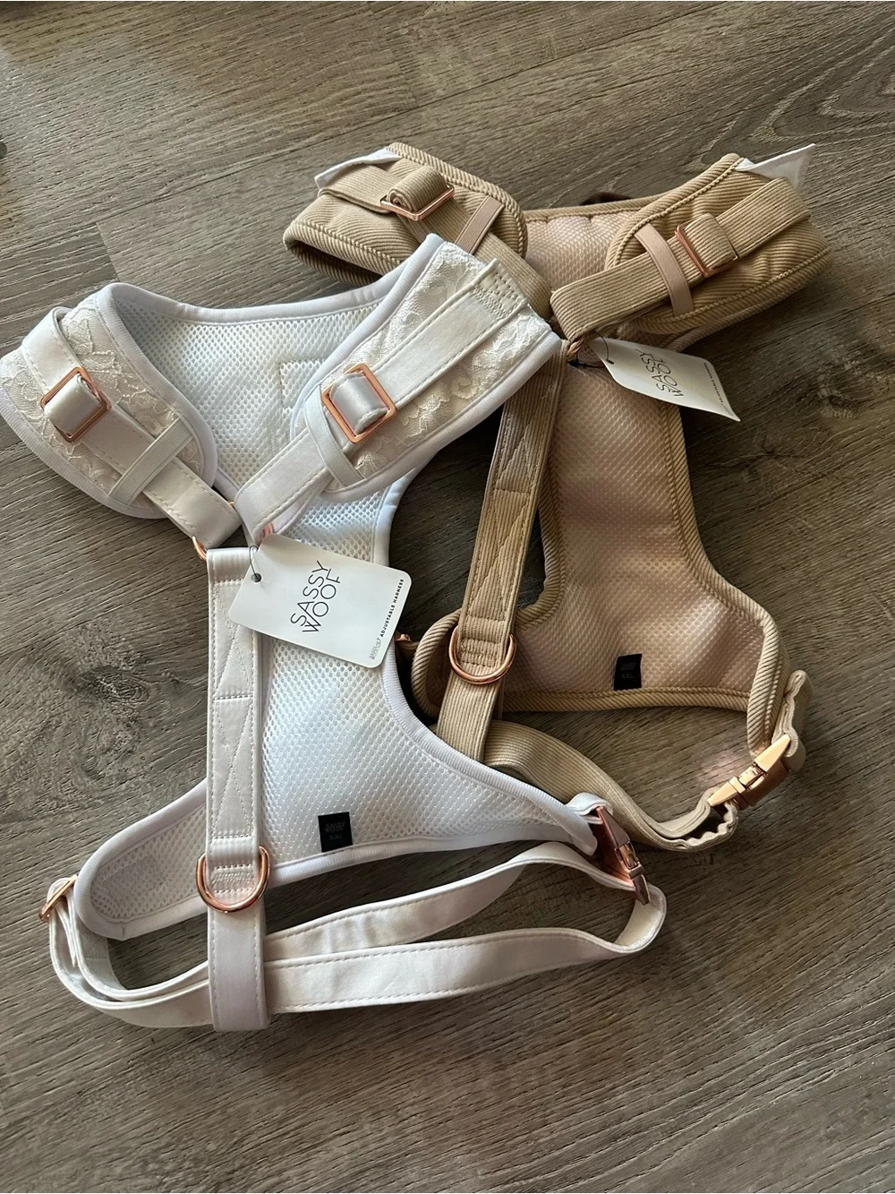 Sassy Woof Beige & White Dog Harness Set - Elegant Floral & Bow Design size XXL